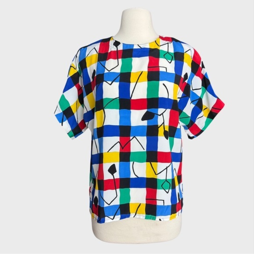 Vintage 80's Women's Med Short Sleeve Abstract Geometric Art‎ to Wear Top
